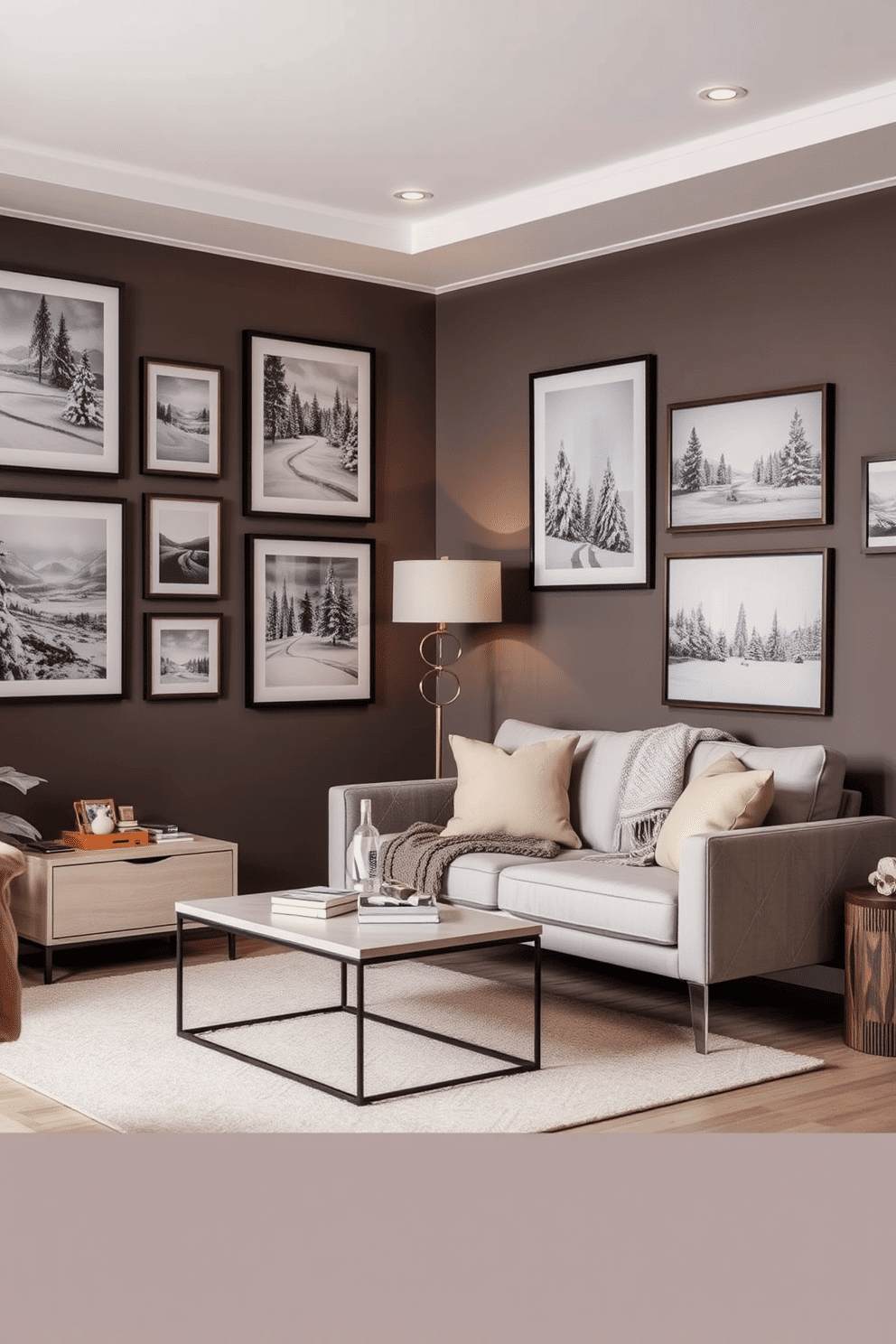 A cozy winter-themed living room featuring seasonal artwork that captures the essence of the season. The walls are adorned with framed prints of snowy landscapes and festive scenes, creating a warm and inviting atmosphere. In a small space, a minimalist approach is taken with furniture that maximizes functionality. A compact sofa in soft gray is paired with a sleek coffee table, and a plush throw blanket adds a touch of warmth to the decor.