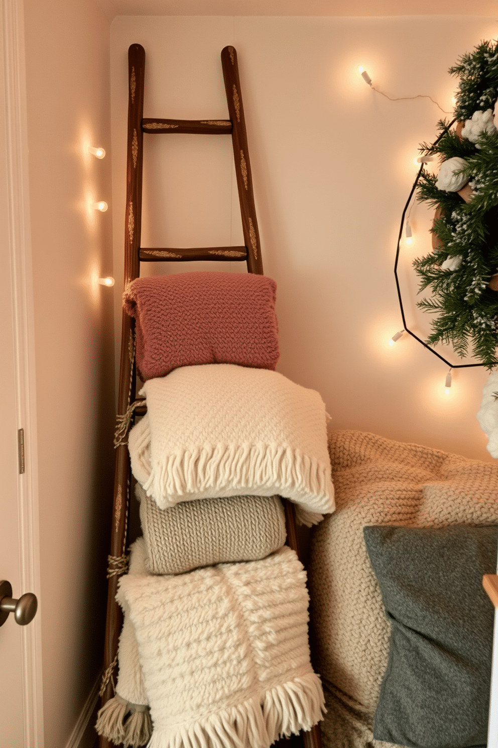 A cozy winter-themed small space featuring a decorative ladder leaning against the wall to hold soft, textured blankets. The room is adorned with warm lighting and a neutral color palette, creating an inviting atmosphere perfect for relaxation.