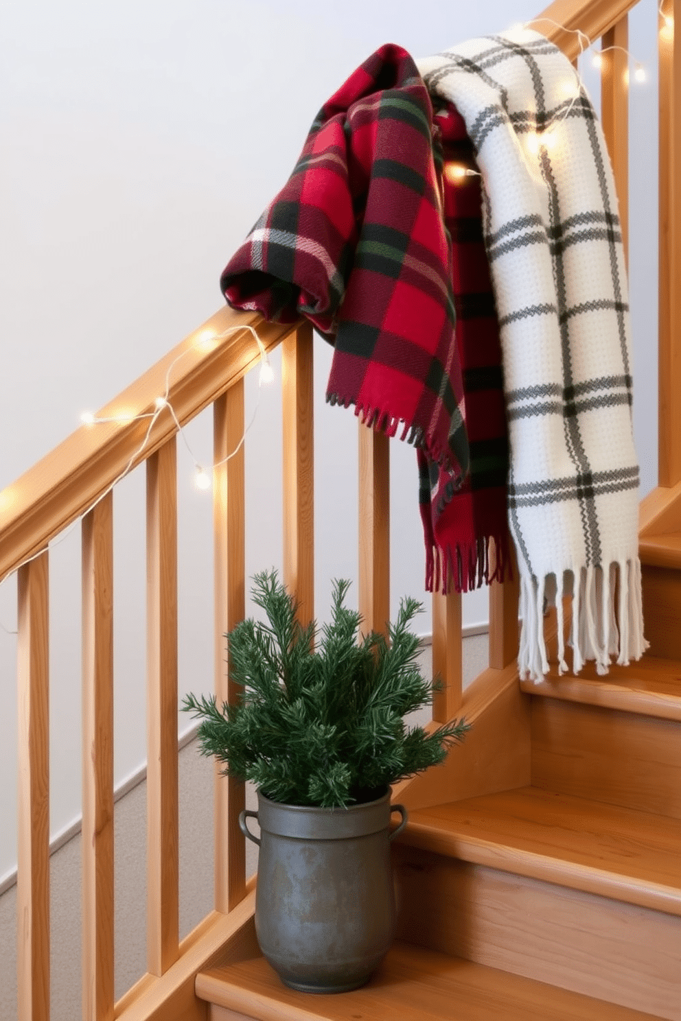 Cozy plaid blankets are artfully draped over a wooden banister, adding warmth and texture to the winter staircase. Soft, muted tones of red and green in the blankets complement the natural wood of the banister, creating a welcoming atmosphere. The staircase is adorned with twinkling fairy lights intertwined along the railing, enhancing the cozy vibe. A small evergreen arrangement in a rustic pot sits at the base, bringing a touch of nature indoors.