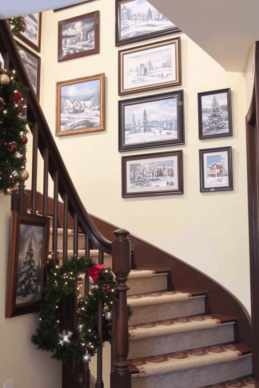 A cozy staircase adorned with seasonal artwork showcasing winter themes. The walls are lined with framed prints of snowy landscapes and festive decorations, creating a warm and inviting atmosphere.