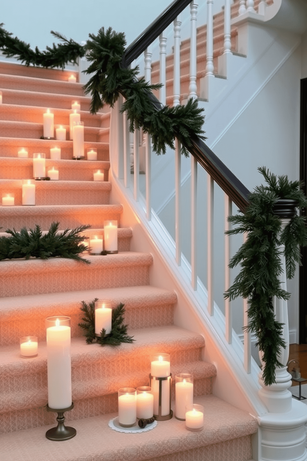 A winter staircase adorned with candles of varied heights creates a warm and inviting atmosphere. The steps are lined with flickering candles in elegant holders, casting a soft glow that highlights the beauty of the staircase. Evergreen garlands drape along the banister, adding a touch of natural greenery to the decor. The combination of candles and greenery enhances the seasonal charm, making the staircase a focal point of the home.