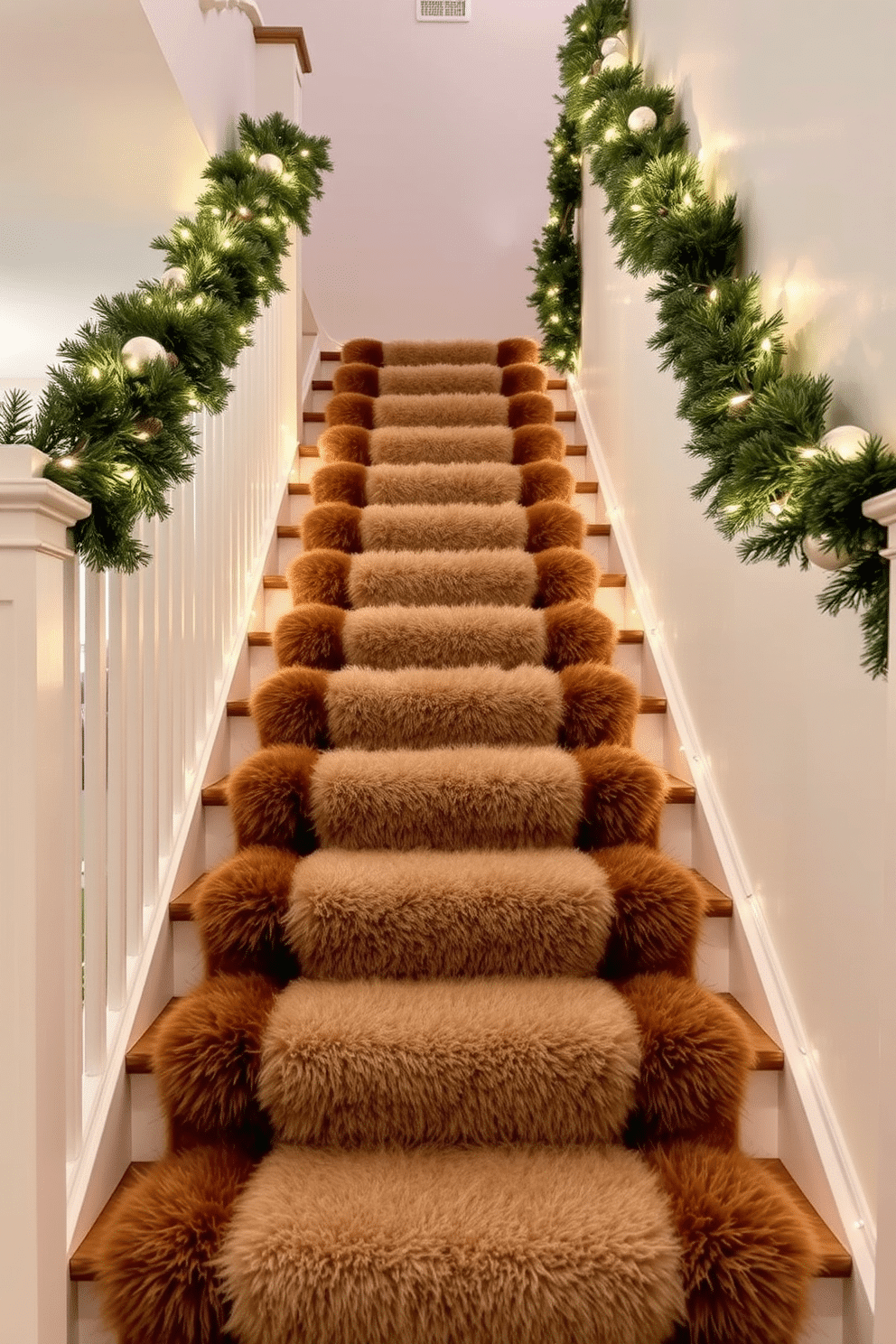 A winter staircase adorned with faux fur runners creates a cozy and inviting atmosphere. The runners elegantly drape over the steps, adding warmth and texture to the space. Soft ambient lighting illuminates the staircase, highlighting the plushness of the faux fur. Decorative elements such as pine garlands and twinkling fairy lights enhance the seasonal charm.