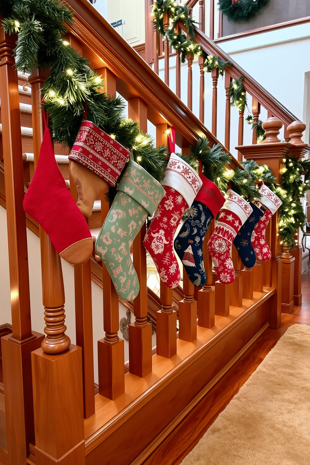 Colorful stockings are elegantly draped over the wooden railing of a grand staircase. Each stocking features unique patterns and vibrant colors, adding a festive touch to the winter decor. The staircase is adorned with lush greenery and twinkling fairy lights intertwined along the banister. A soft, plush runner in warm tones complements the holiday theme, inviting guests to enjoy the seasonal charm.