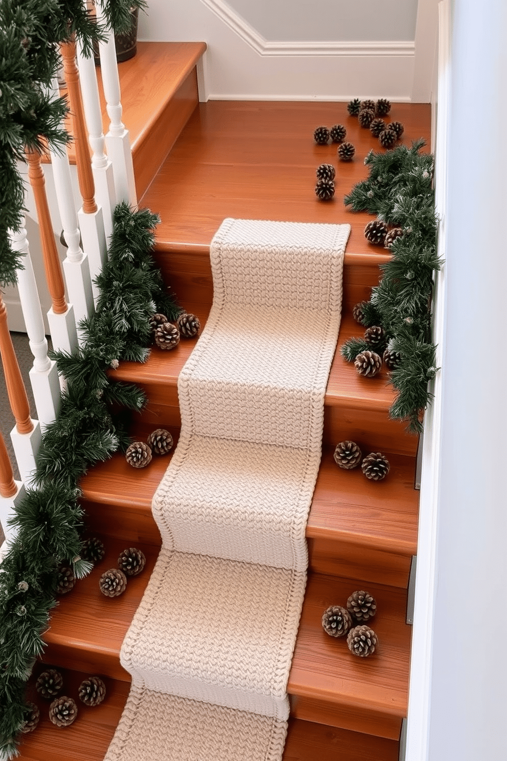 A cozy winter staircase adorned with scattered pinecones. The wooden steps are complemented by a warm, knitted runner that adds texture and comfort.