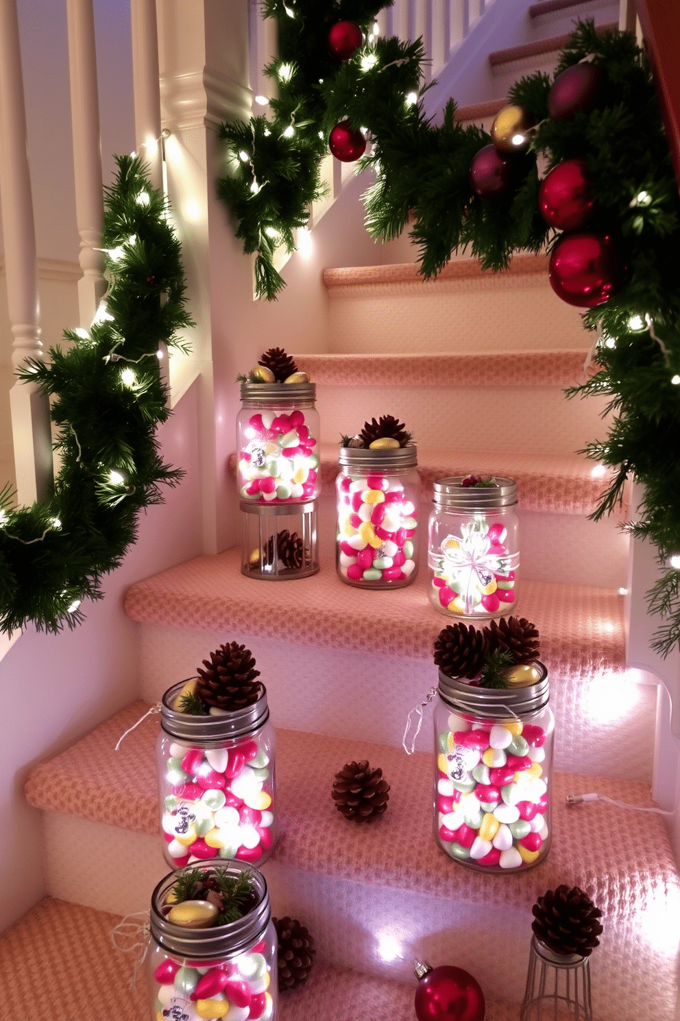 A cozy winter staircase adorned with glass jars filled with seasonal treats. The jars are arranged on each step, showcasing an array of colorful candies, pinecones, and twinkling fairy lights. Garlands of greenery wrap around the banister, interspersed with red and gold ornaments. Soft white lights illuminate the staircase, creating a warm and inviting atmosphere.