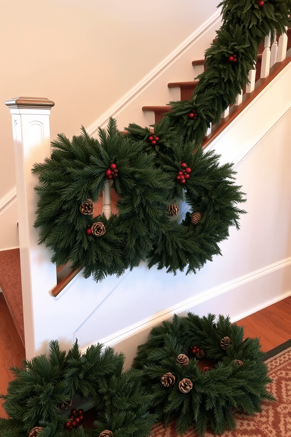 A cozy winter staircase adorned with lush green wreaths at the foot of the stairs. The wreaths are decorated with pine cones and red berries, creating a festive and inviting atmosphere.