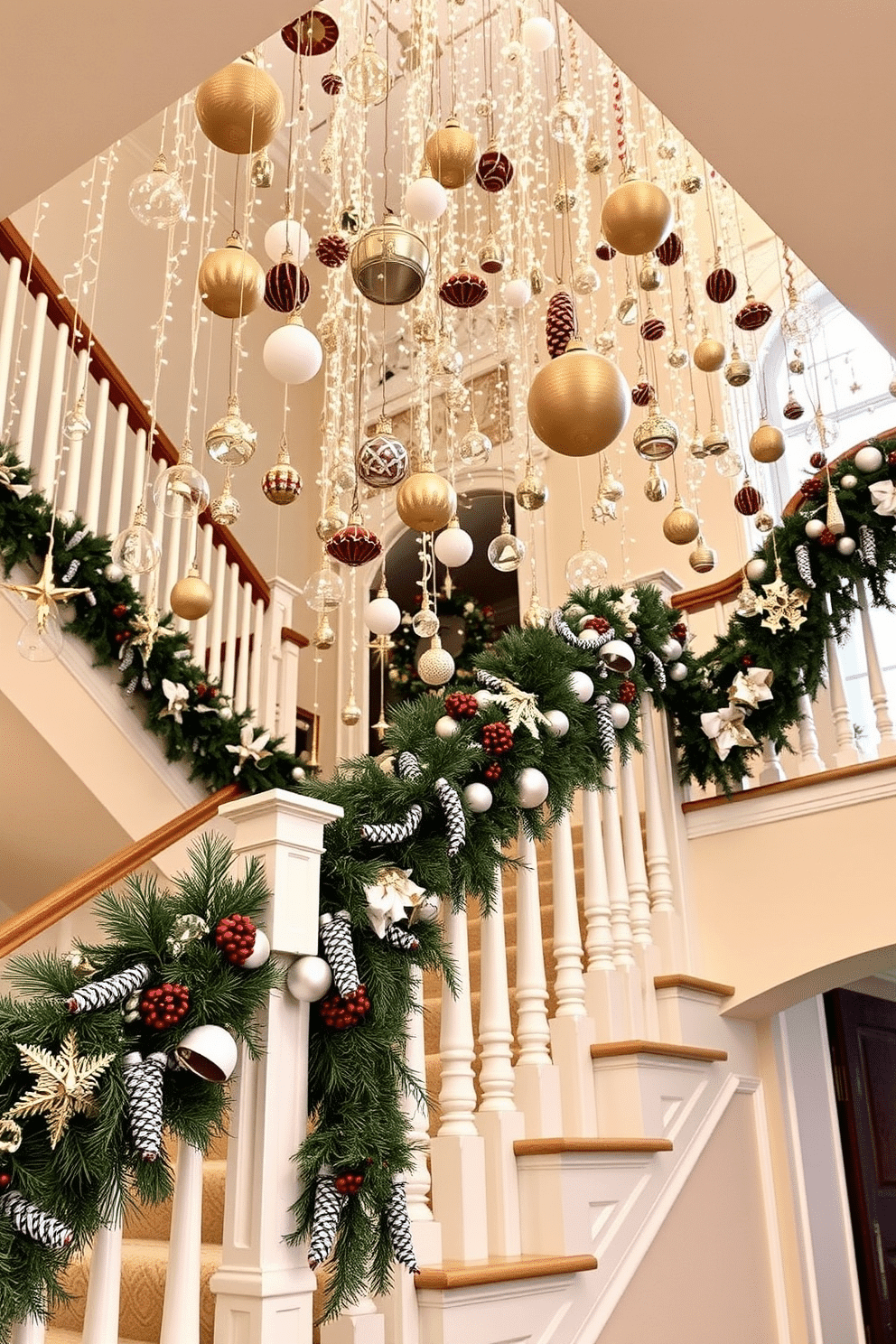 A stunning staircase adorned with hanging ornaments creates a festive atmosphere. The ceiling is draped with twinkling fairy lights, and a variety of glass and metallic ornaments cascade down, reflecting light beautifully. Evergreen garlands wrap around the banister, complemented by clusters of pinecones and red berries. Soft white and gold accents enhance the winter theme, inviting warmth and elegance to the space.