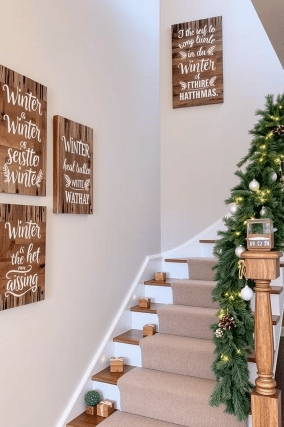 Wooden signs featuring winter quotes are elegantly displayed along the walls of a cozy entryway. The signs are crafted from reclaimed wood, showcasing rustic charm and adorned with white lettering that evokes the spirit of the season. The staircase is beautifully decorated with garlands of evergreen, twinkling fairy lights, and festive ornaments. Each step is complemented by small wooden accents and seasonal decor, creating a warm and inviting atmosphere.