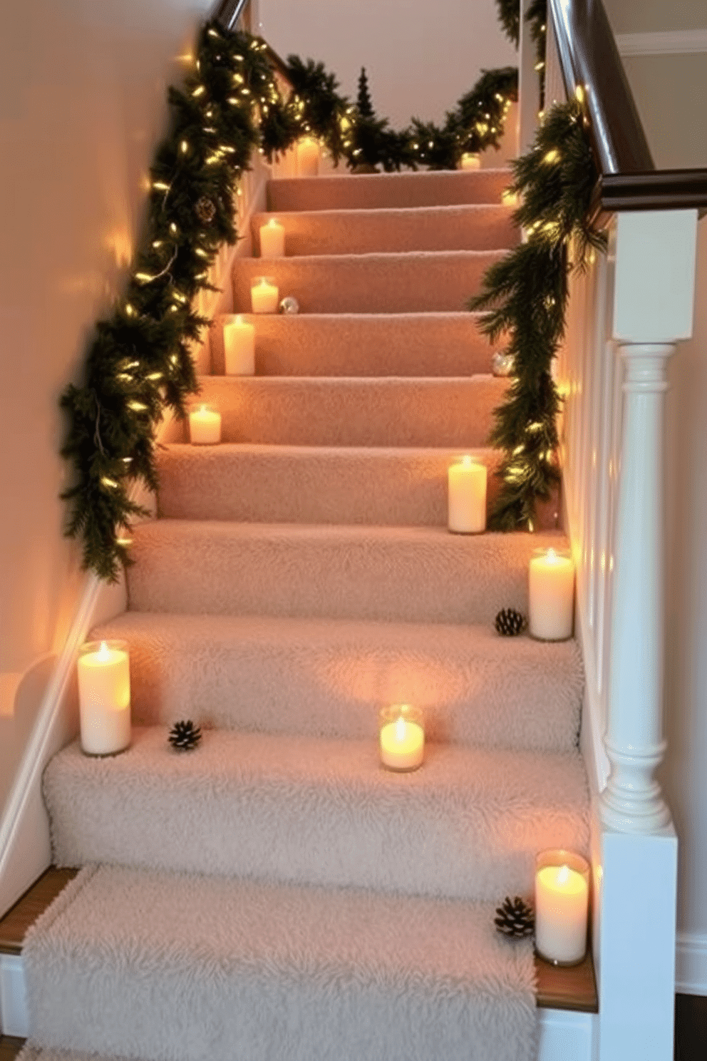 A warm and inviting staircase adorned with scented candles of various heights placed on the steps and the railing. Soft golden light from the candles creates a cozy ambiance, enhancing the winter decor with garlands of evergreen and twinkling fairy lights. The staircase is draped with a plush, textured runner that complements the warm tones of the candles. Decorative elements include small pinecones and seasonal ornaments strategically placed along the steps for added charm.