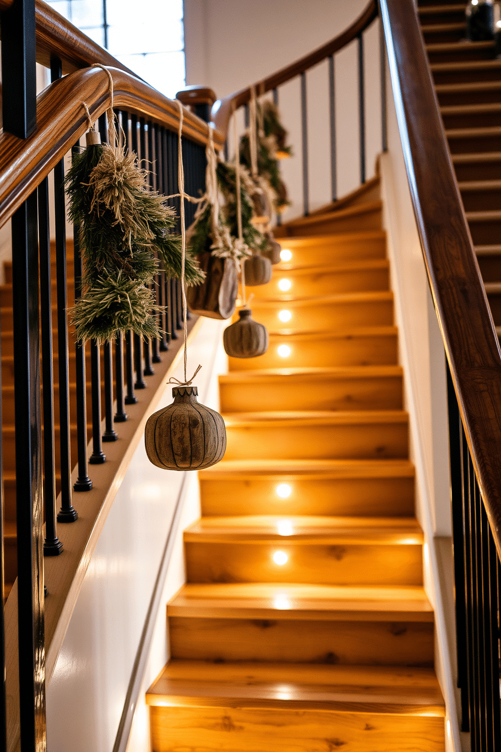 Rustic wooden ornaments hang gracefully from sturdy metal rails along the staircase. Soft, warm lighting illuminates the wooden steps, creating a cozy atmosphere perfect for winter festivities.