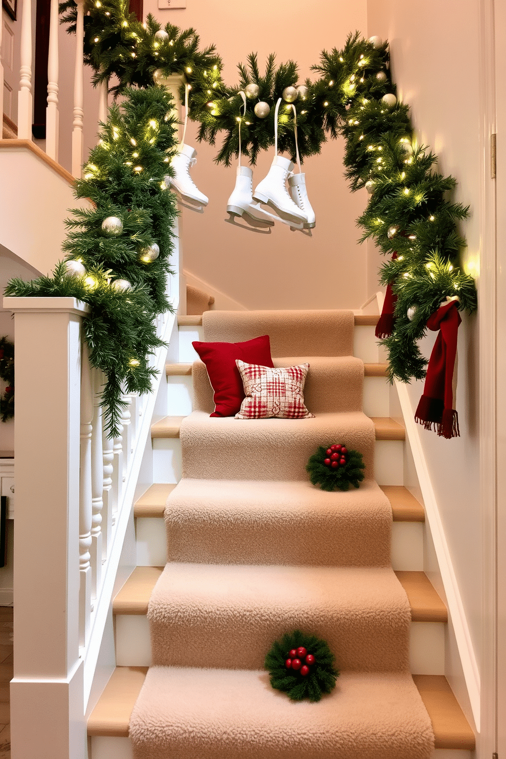 A cozy winter staircase adorned with festive decor. Ice skates are hung gracefully on the banister, surrounded by twinkling fairy lights and evergreen garlands. The staircase is lined with soft, plush runners in a neutral tone to add warmth. Accents of red and white are introduced through decorative pillows and small wreaths on each step.