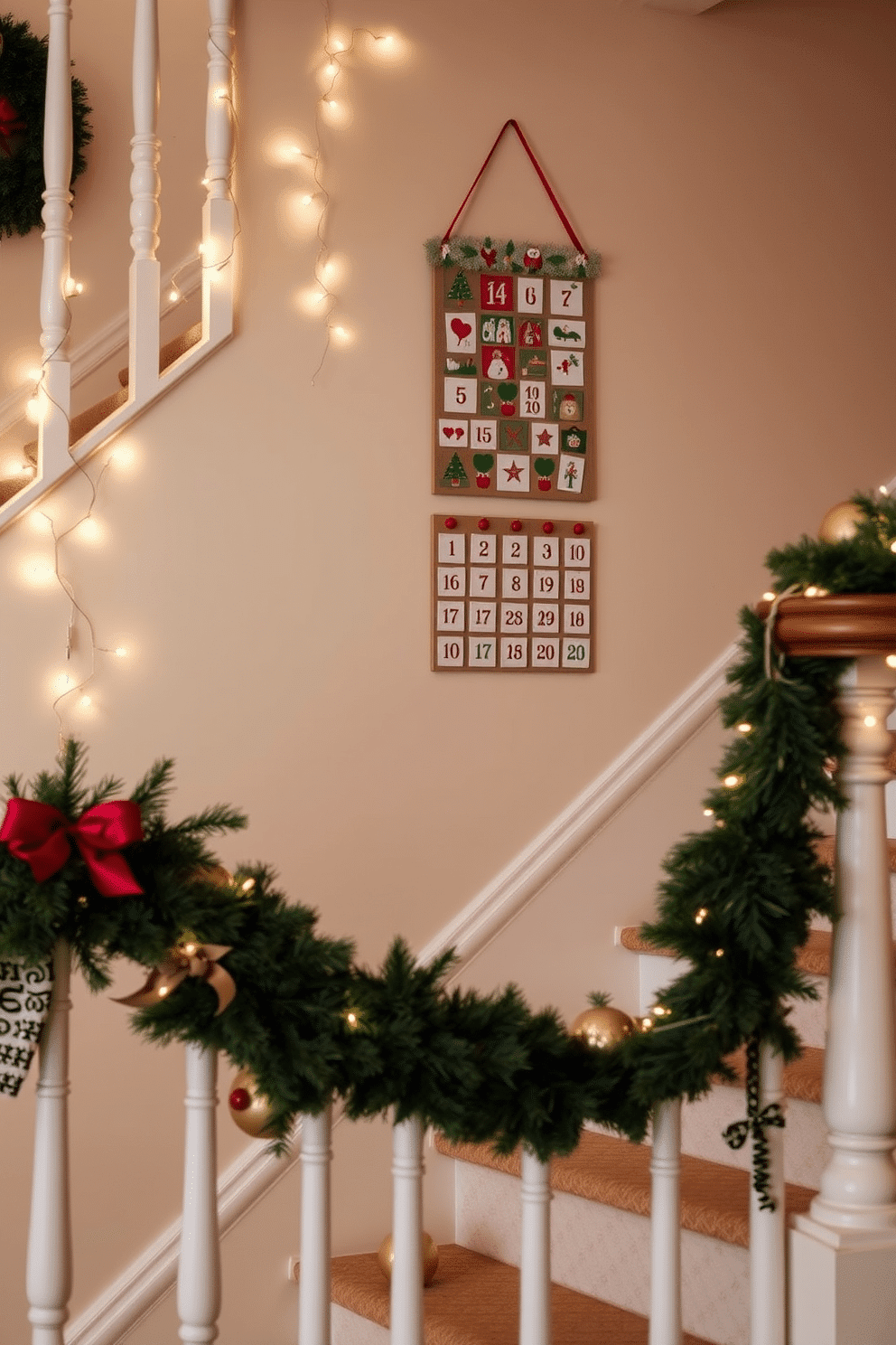 A beautifully decorated staircase adorned with an advent calendar. The calendar features a mix of traditional and modern designs, hanging elegantly on the wall alongside twinkling fairy lights and evergreen garlands.