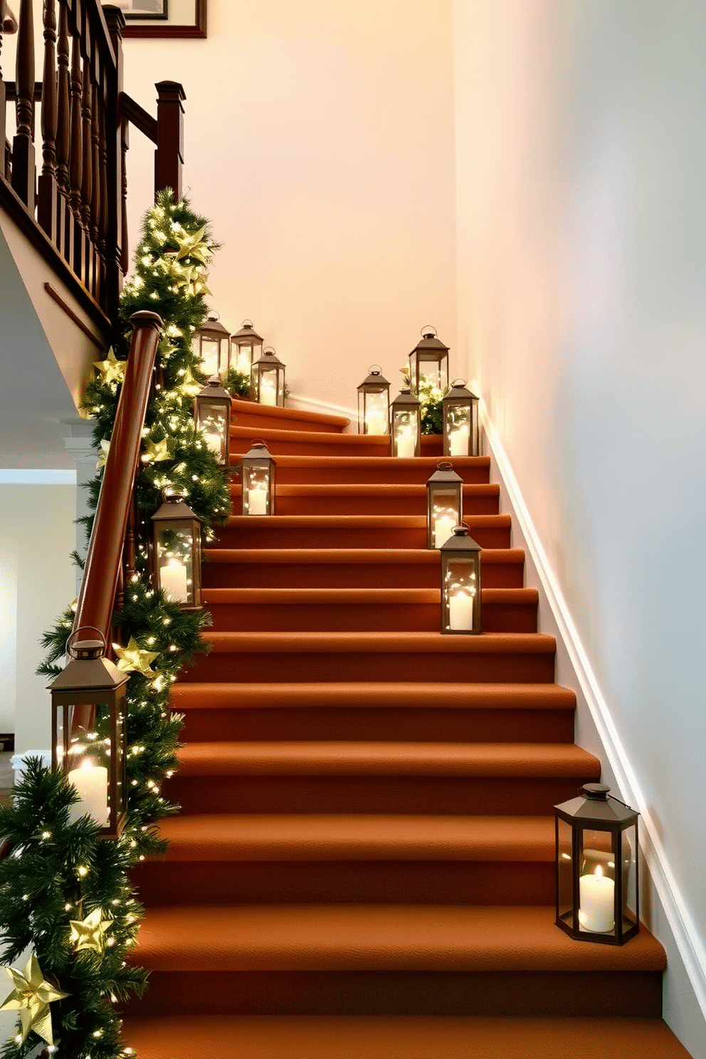 A winter staircase adorned with decorative lanterns creates a warm and inviting atmosphere. The steps are lined with an array of lanterns in varying heights, casting a soft glow that enhances the seasonal charm. Each lantern is filled with twinkling fairy lights and surrounded by pine branches to evoke a cozy holiday feel. The staircase is complemented by a rich, dark wood railing that contrasts beautifully with the white walls, creating a stunning visual appeal.