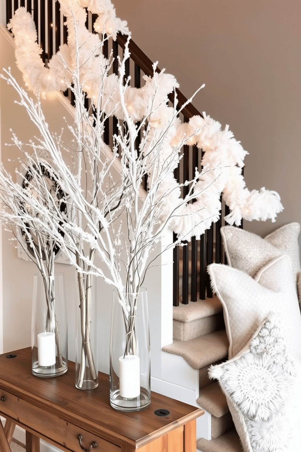 Frosted branches elegantly arranged in tall glass vases create a serene winter atmosphere. The vases are placed on a rustic wooden console table, enhancing the seasonal decor. The staircase is adorned with soft white garlands intertwined with twinkling fairy lights. Plush white and silver pillows are scattered on the steps, inviting warmth and comfort during the chilly months.