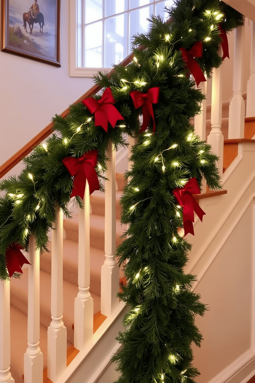 A beautiful winter staircase adorned with a festive holiday-themed garland draped elegantly over the rails. The garland is lush and green, interspersed with twinkling white lights and vibrant red bows, creating a warm and inviting atmosphere.