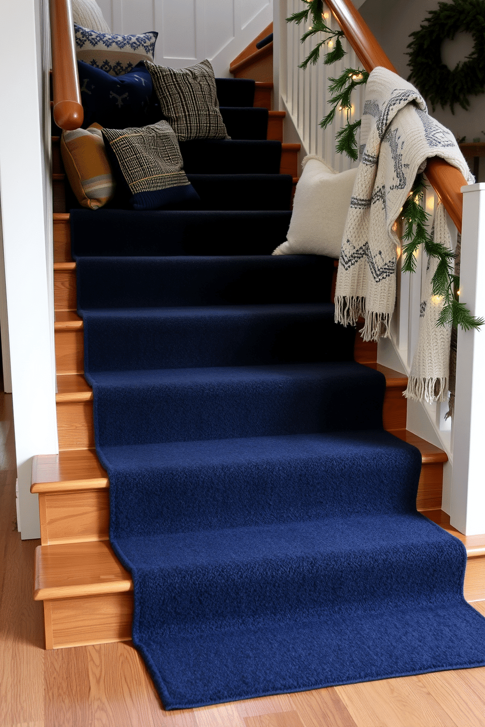 A winter staircase adorned with layered textures features a rich wool runner in deep navy that contrasts beautifully with the polished wooden steps. Plush throw pillows in varying fabrics and patterns are arranged on a nearby bench, inviting warmth and comfort. The banister is draped with a soft, knitted throw, adding a cozy touch to the space. Sprigs of evergreen and twinkling fairy lights are intertwined along the railing, creating a festive and inviting atmosphere.