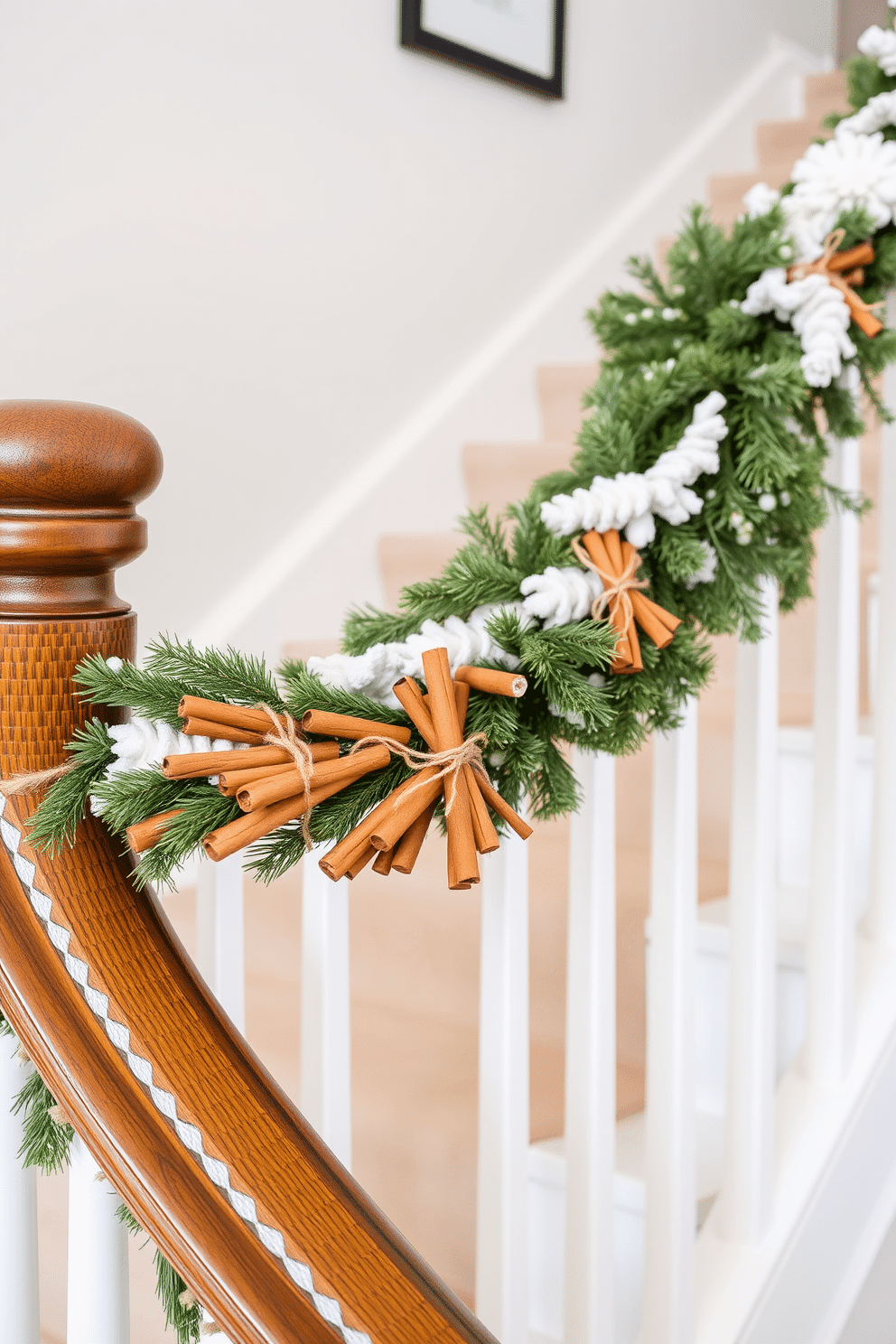 A cozy winter staircase adorned with cinnamon sticks tied with twine. The warm tones of the cinnamon contrast beautifully with the soft white garland draped along the banister.