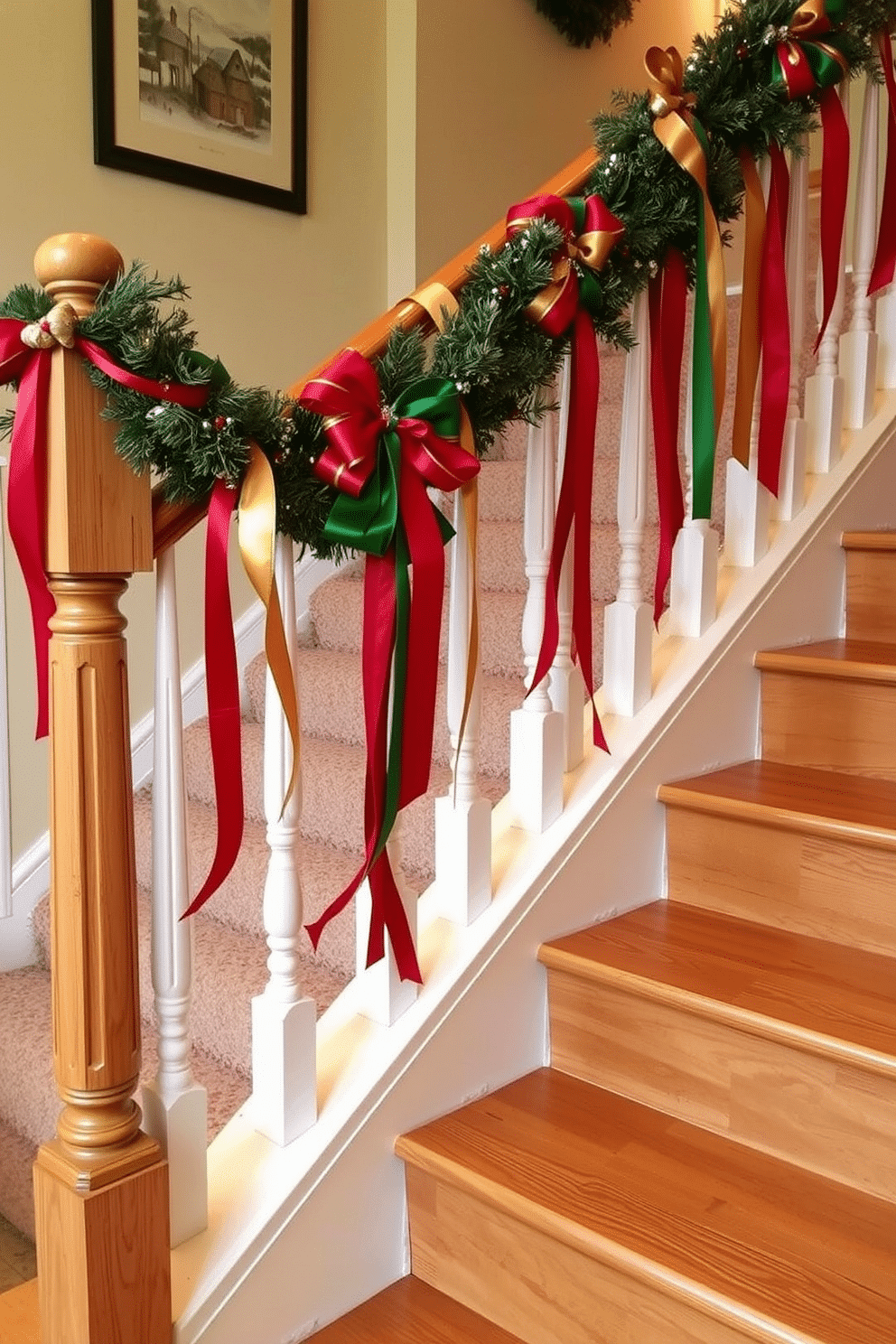 A winter staircase adorned with colorful ribbons cascading down the banister creates a festive atmosphere. The ribbons in shades of red, green, and gold complement the natural wood of the staircase and add a touch of elegance to the decor.