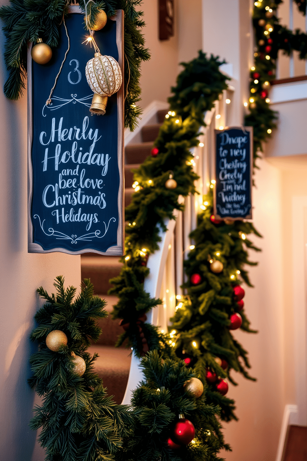 Chalkboard signs adorned with festive holiday messages hang elegantly along a beautifully decorated staircase. The signs feature hand-lettered greetings in white chalk against a rustic black background, surrounded by garlands of pine and twinkling fairy lights. The staircase is draped with lush greenery and accented with red and gold ornaments. Soft, warm lighting illuminates the space, creating a cozy and inviting atmosphere perfect for the holiday season.