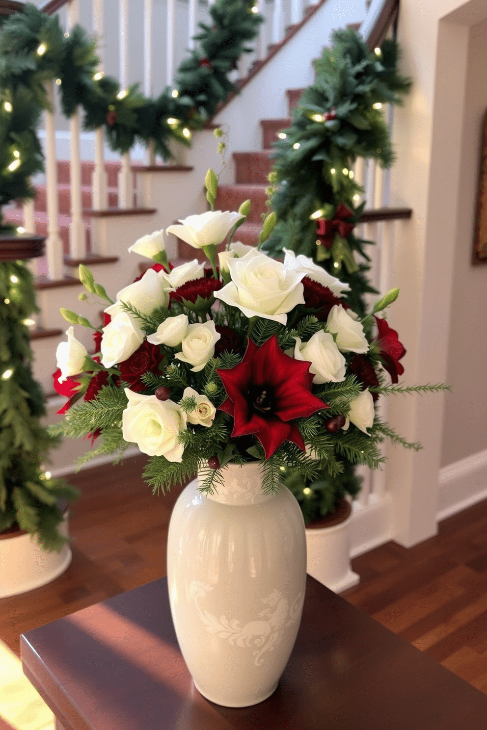 A stunning floral arrangement featuring winter blooms is elegantly displayed in a large ceramic vase. The arrangement includes white roses, deep red amaryllis, and evergreen sprigs, creating a cozy yet sophisticated atmosphere. The staircase is adorned with a garland of pine and holly, winding gracefully along the banister. Soft white lights are interspersed throughout the greenery, adding a warm glow to the winter decor.