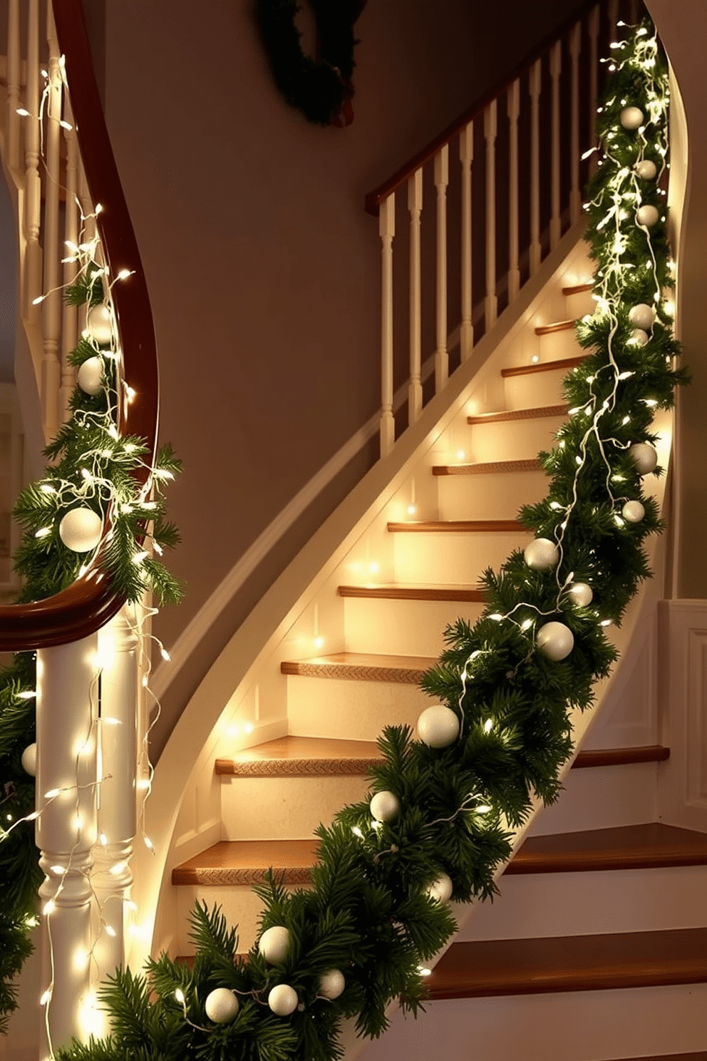 A cozy winter staircase adorned with twinkling fairy lights cascading down the banister. The steps are lined with evergreen garlands and soft white accents, creating a warm and inviting atmosphere.