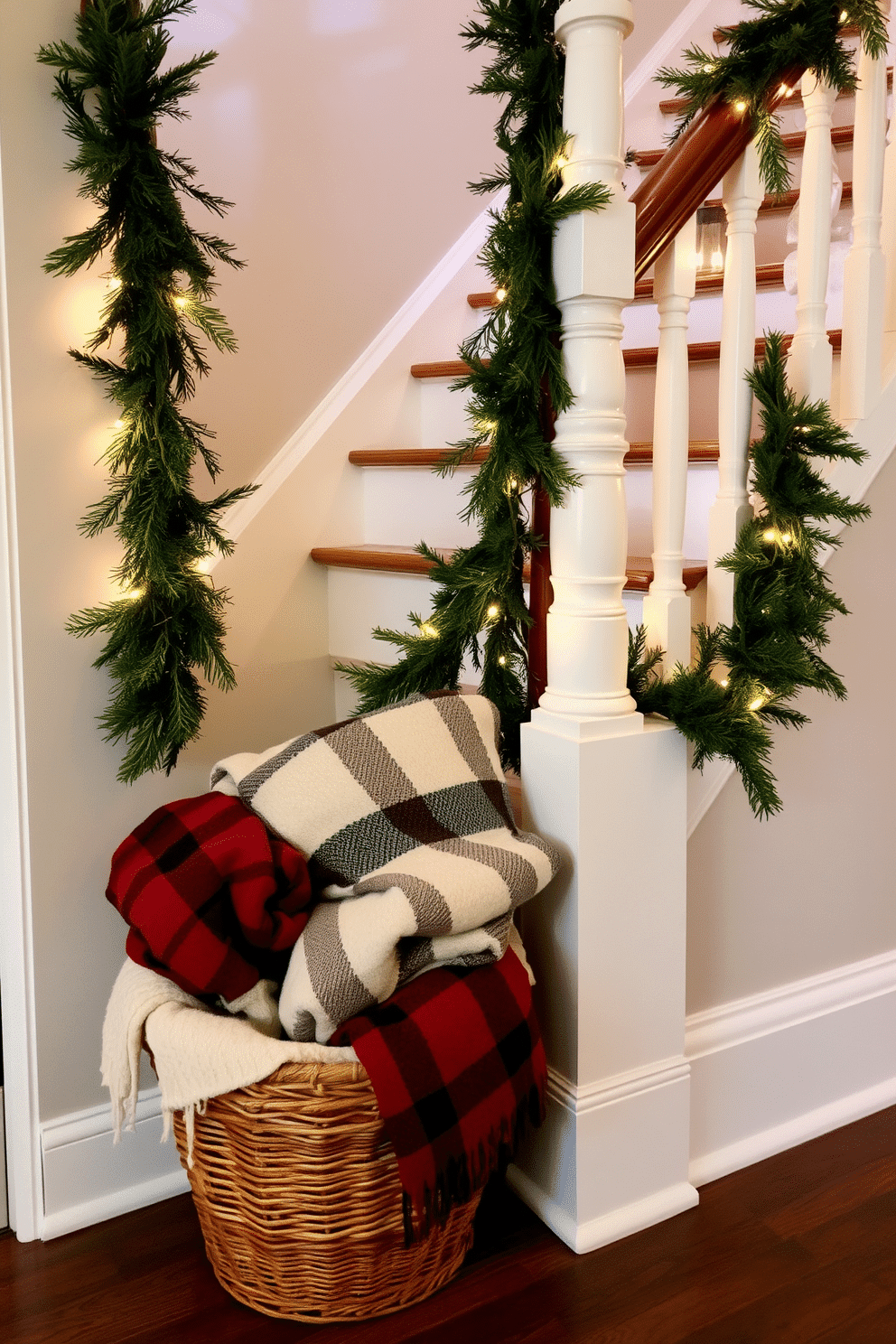 A cozy winter staircase adorned with seasonal throw blankets in a woven basket at the base. The staircase is embellished with garlands of evergreen and twinkling fairy lights, creating a warm and inviting atmosphere.