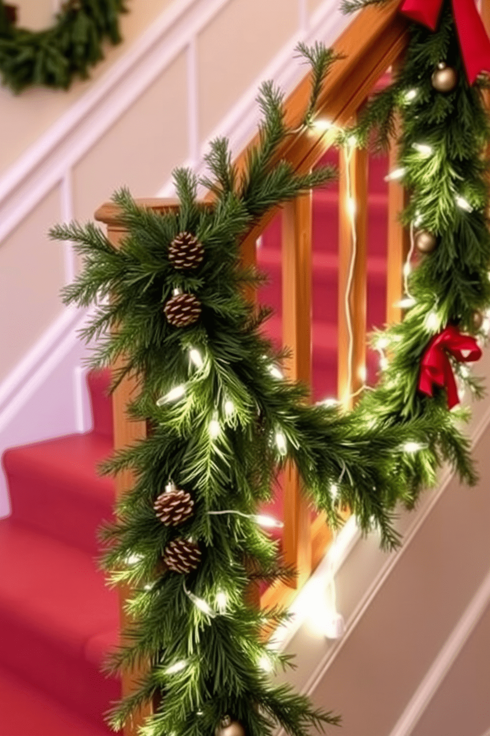 Fresh greenery garland wrapped around a wooden banister creates a warm and inviting atmosphere. Accents of pinecones and twinkling fairy lights enhance the festive charm of the winter staircase. Soft white lights drape elegantly alongside the garland, illuminating the staircase with a cozy glow. Complementary decorations like red ribbons and ornaments add a pop of color to the natural greenery.