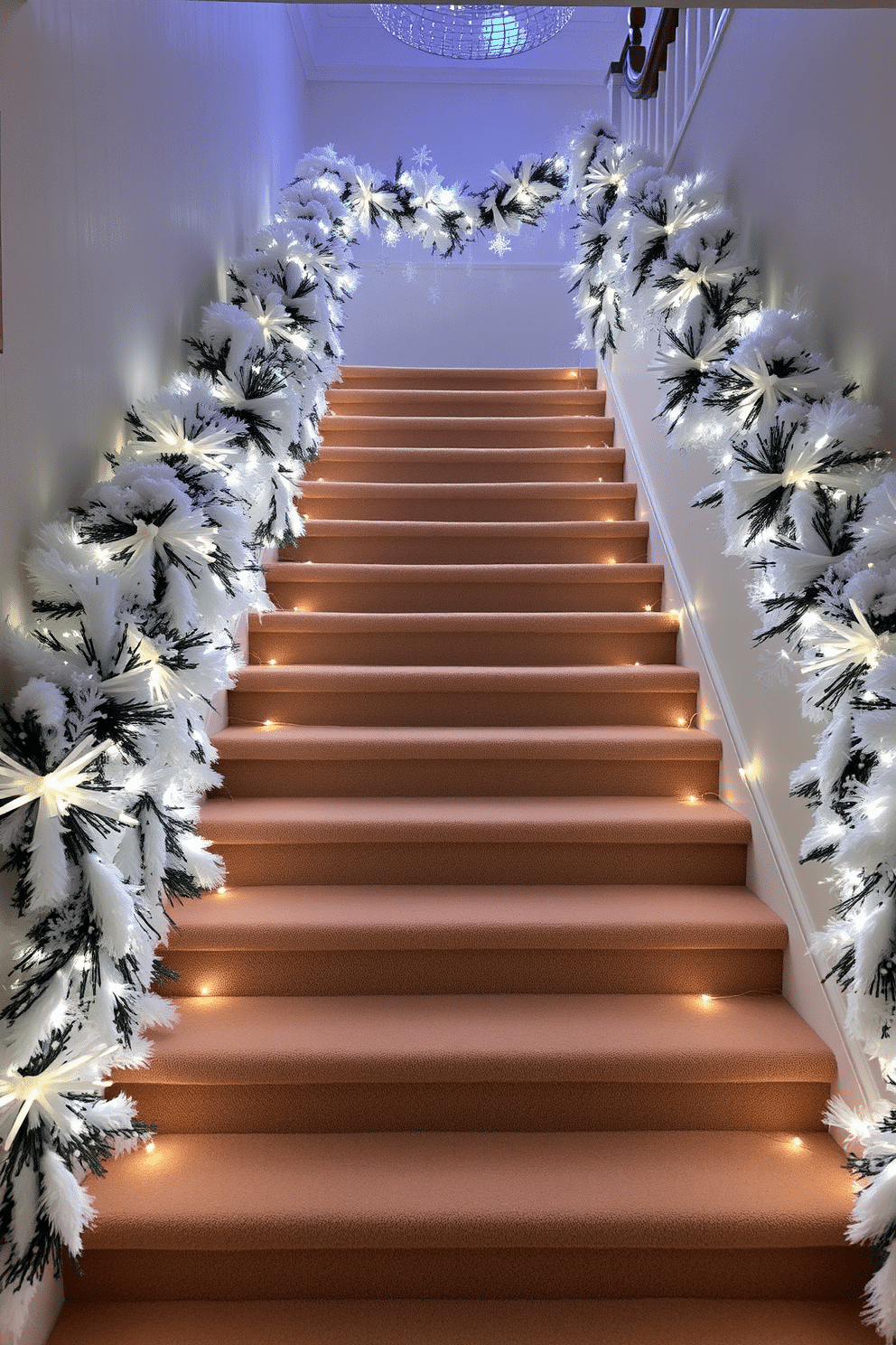 A winter staircase adorned with cascading snowflake decorations creates a magical and festive atmosphere. The steps are lined with soft white garlands, and twinkling fairy lights illuminate the scene, enhancing the wintry charm.