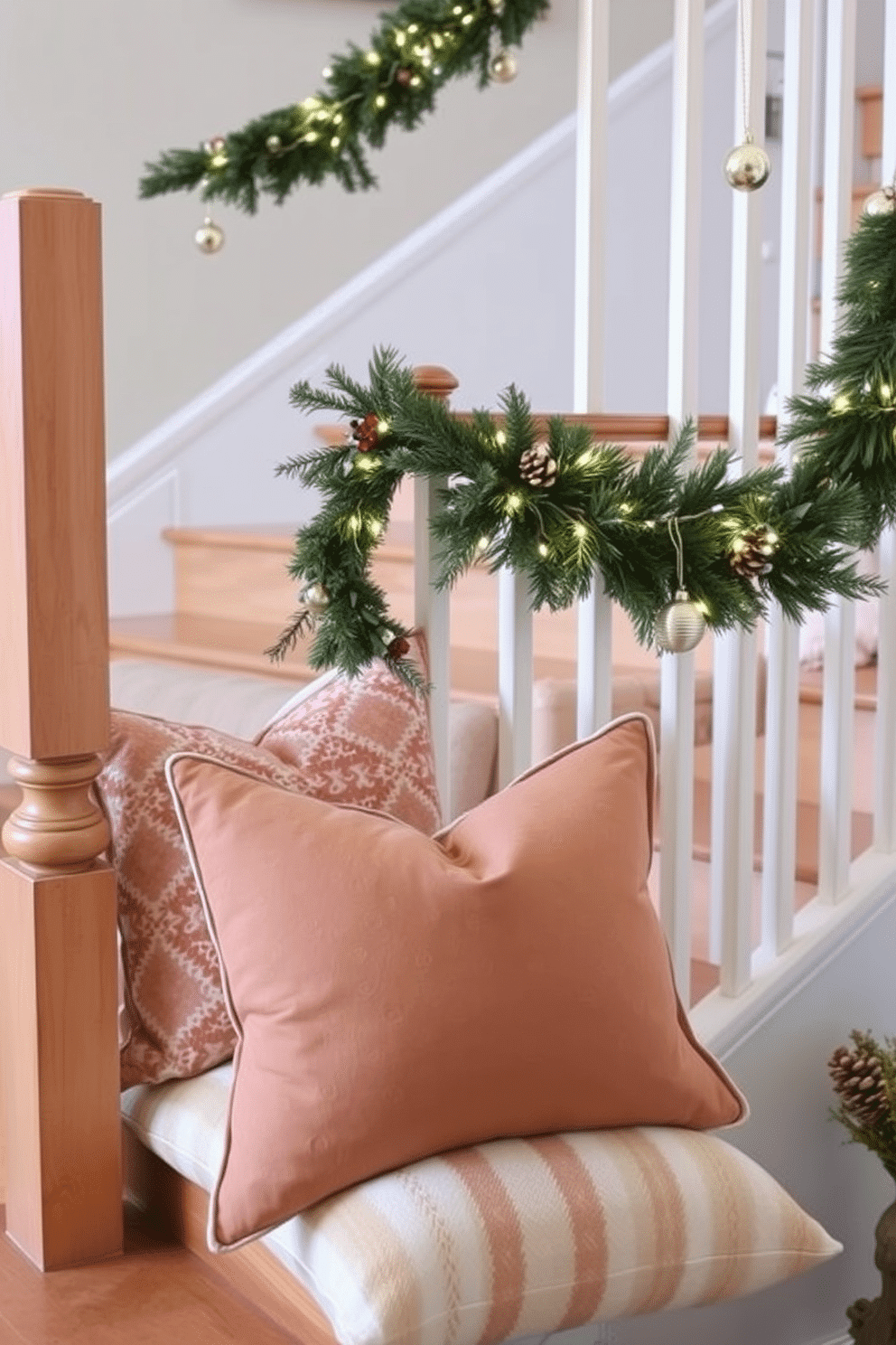 Warm throw pillows are artfully arranged on the staircase landing, inviting a cozy and inviting atmosphere. The soft textures and rich colors of the pillows complement the natural wood of the staircase, creating a harmonious focal point. Winter decorations adorn the staircase, featuring evergreen garlands intertwined with twinkling fairy lights. Delicate ornaments hang from the banister, adding a festive touch that enhances the seasonal charm of the home.