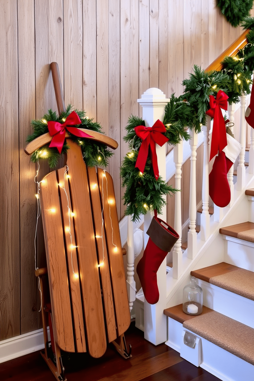 A charming vintage sled is propped against a rustic wooden wall, evoking a cozy winter atmosphere. Soft fairy lights drape around the sled, adding a warm glow to the scene. The staircase is adorned with evergreen garlands and red ribbon, creating a festive feel. Stockings hang from the banister, each one uniquely designed to enhance the vintage holiday charm.