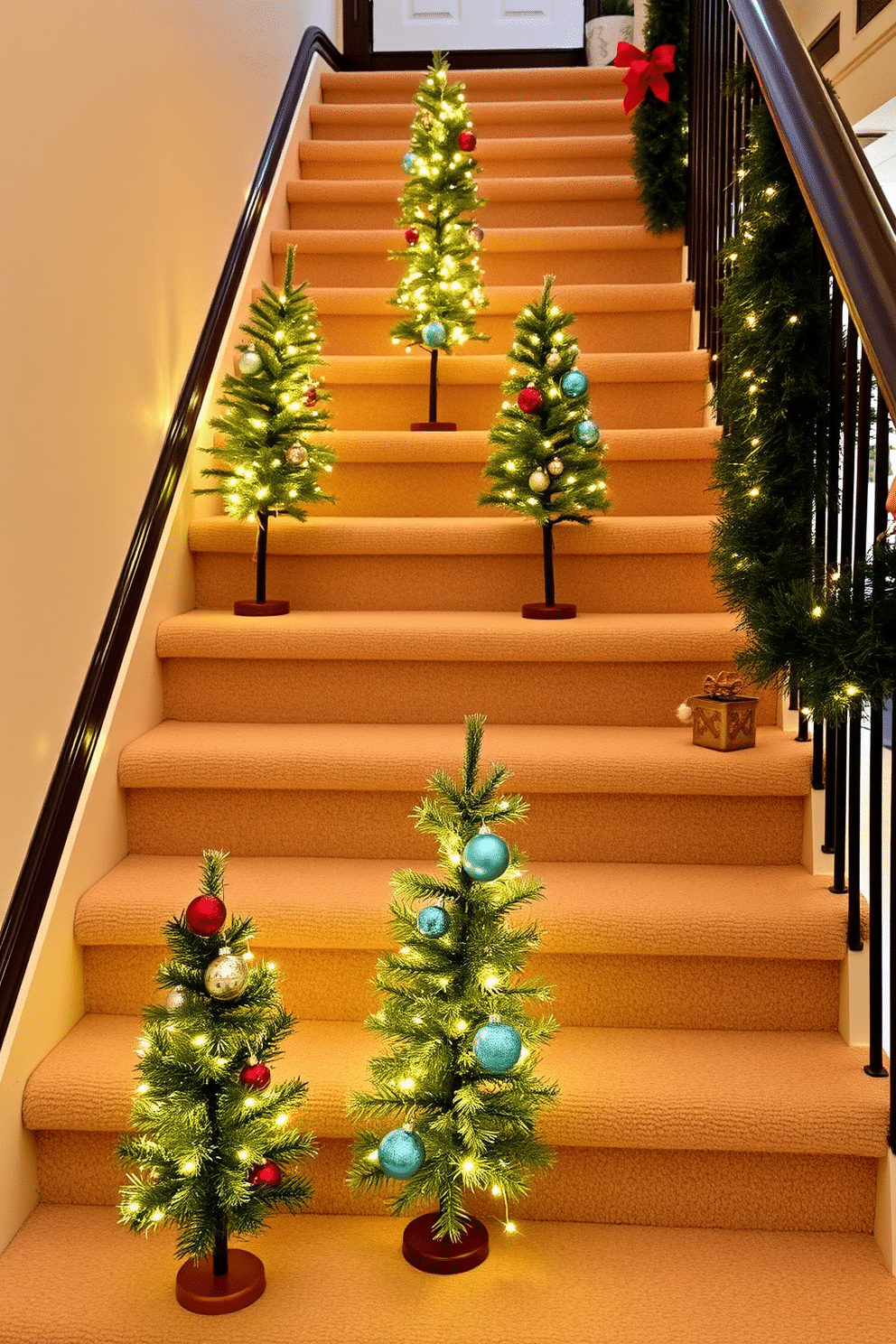 Miniature Christmas trees are placed on each step of the staircase, creating a festive and inviting atmosphere. The trees are adorned with twinkling lights and colorful ornaments, enhancing the winter charm of the space.