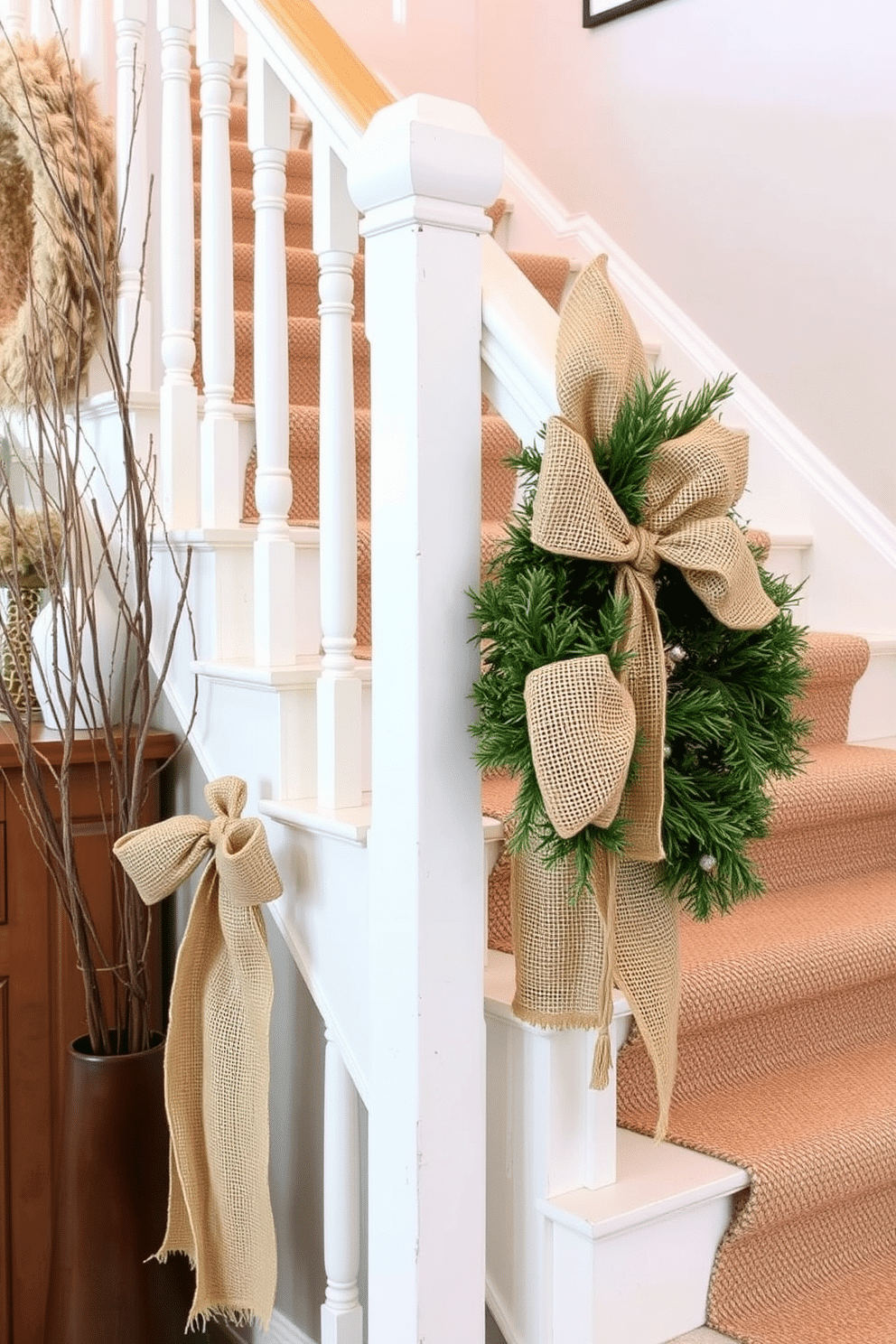 A cozy winter staircase adorned with burlap ribbons tied around the banister. The warm tones of the burlap contrast beautifully with the white wood of the staircase, creating a welcoming atmosphere.