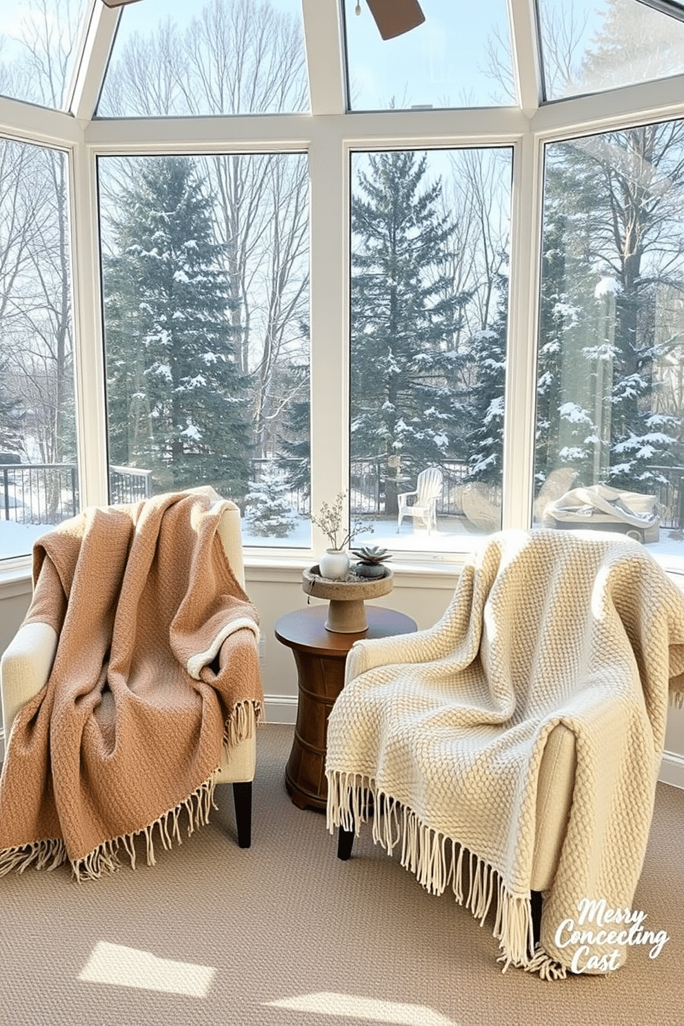 Cozy blankets draped over each chair create a warm and inviting atmosphere in the sunroom. The large windows allow the winter sunlight to fill the space, highlighting the soft textures and colors of the blankets.