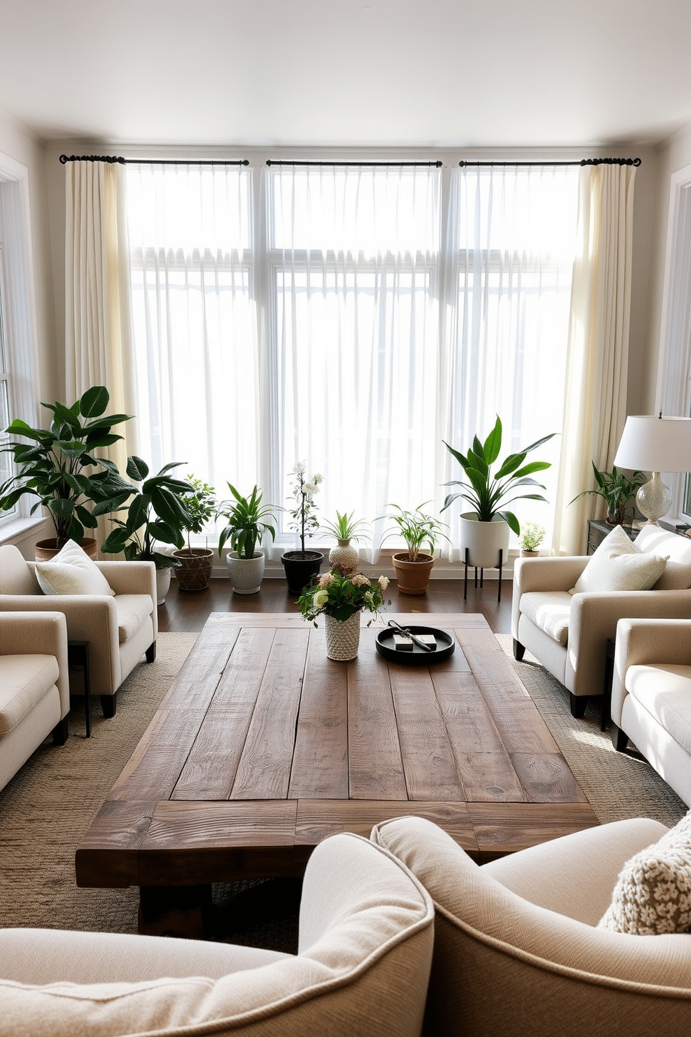 A large coffee table made of reclaimed wood sits at the center of a winter sunroom filled with natural light. Surrounding the table are plush, oversized chairs upholstered in soft, neutral fabrics, creating a cozy atmosphere for gatherings. The sunroom features large windows adorned with sheer white curtains that gently diffuse the sunlight. Potted plants in various sizes are strategically placed around the room, adding a touch of greenery and warmth to the space.