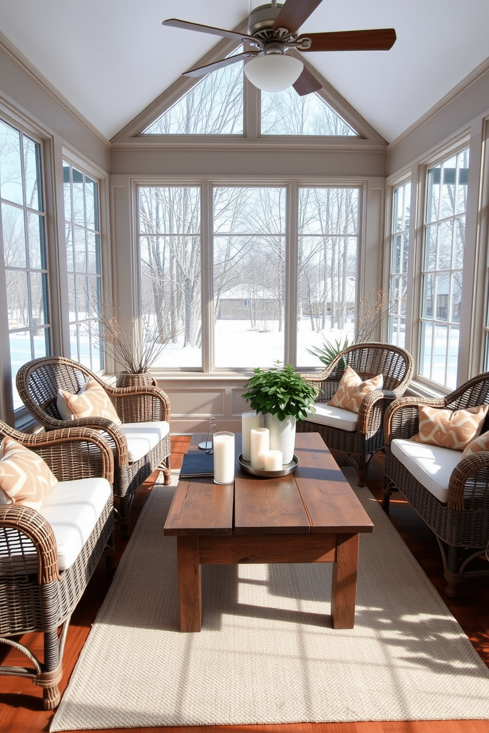 A cozy winter sunroom filled with natural light. Vintage wicker furniture is paired with modern geometric accent pillows, creating an inviting atmosphere. The walls are adorned with large windows that frame the snowy landscape outside. A rustic wooden coffee table sits in the center, topped with a collection of candles and a vibrant potted plant.