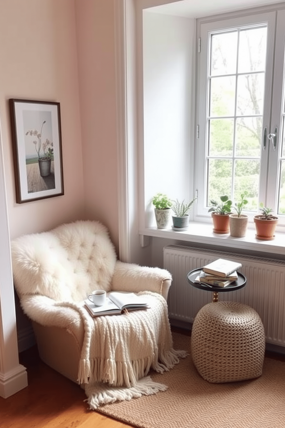 Create a cozy reading nook by a large window that invites natural light to fill the space. Soft, plush seating with a warm throw blanket is positioned next to a small side table holding a steaming cup of tea and a stack of books. The walls are adorned with soft pastel colors, creating a serene atmosphere. Potted plants are placed on the windowsill, and a woven rug adds texture to the wooden floor, making the space feel inviting and comfortable.