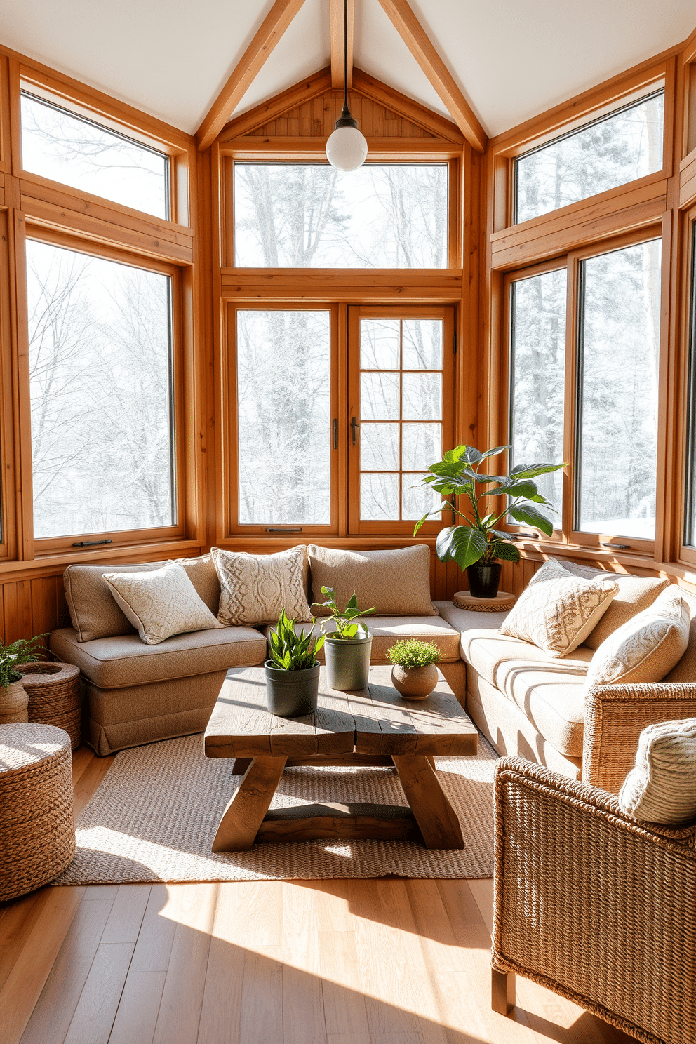 A cozy winter sunroom filled with natural light. The space features large windows framed with warm natural wood, allowing sunlight to flood in and create a bright atmosphere. A comfortable seating area is arranged with a plush sectional sofa adorned with soft, textured cushions. A rustic wooden coffee table sits in the center, surrounded by potted plants that add a touch of greenery to the room.