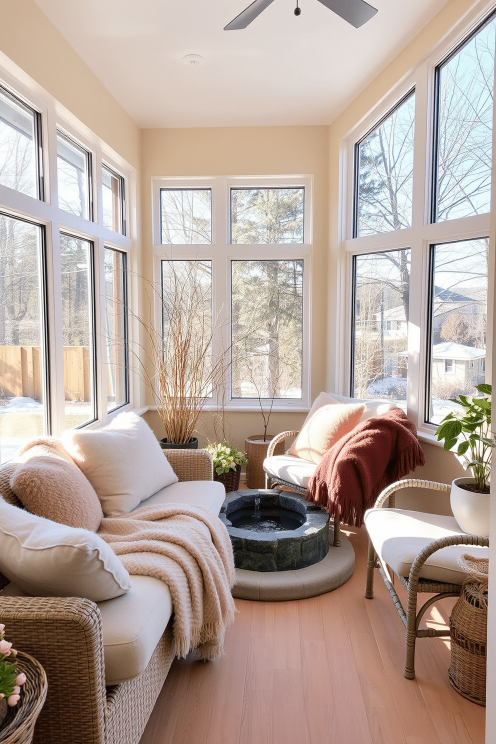 A cozy winter sunroom filled with natural light. Large windows allow sunlight to pour in, illuminating the space adorned with soft, plush seating and warm throw blankets. A small indoor water feature gently trickles in one corner, adding a serene ambiance. The walls are painted in a soft cream color, while the floor is covered with a light wood finish, enhancing the warmth of the room.