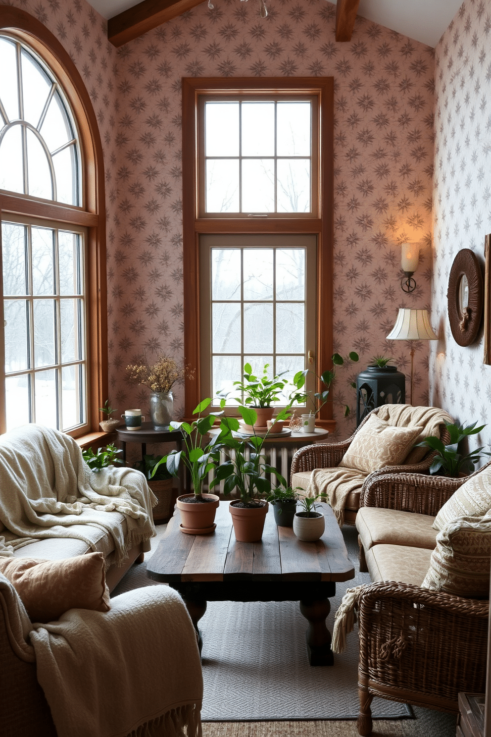 A cozy winter sunroom filled with natural light. The walls are adorned with patterned wallpaper featuring a subtle floral design that adds warmth and character to the space. A comfortable seating area includes a plush sofa draped with soft blankets. A rustic wooden coffee table sits in the center, surrounded by potted plants that bring a touch of nature indoors.