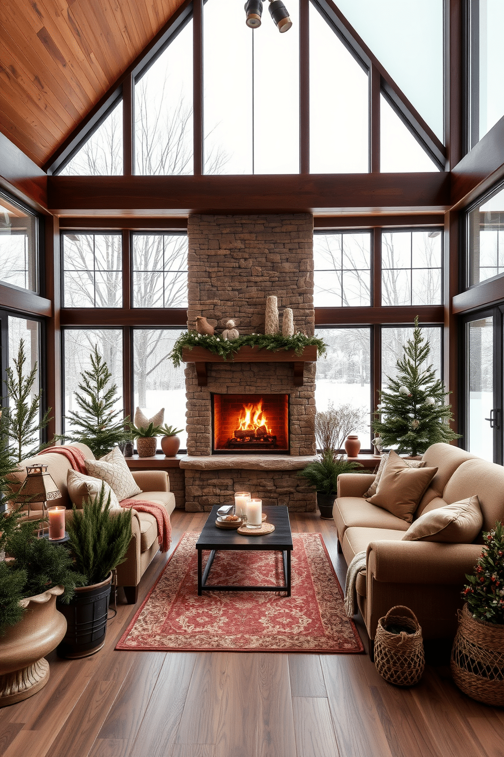 A cozy winter sunroom featuring a large, inviting fireplace as the focal point. The room is adorned with plush seating arrangements, layered with soft throws and decorative pillows in warm tones. Large windows allow natural light to flood the space, showcasing views of the snowy landscape outside. Potted evergreen plants and seasonal decorations add a touch of festive charm to the serene atmosphere.