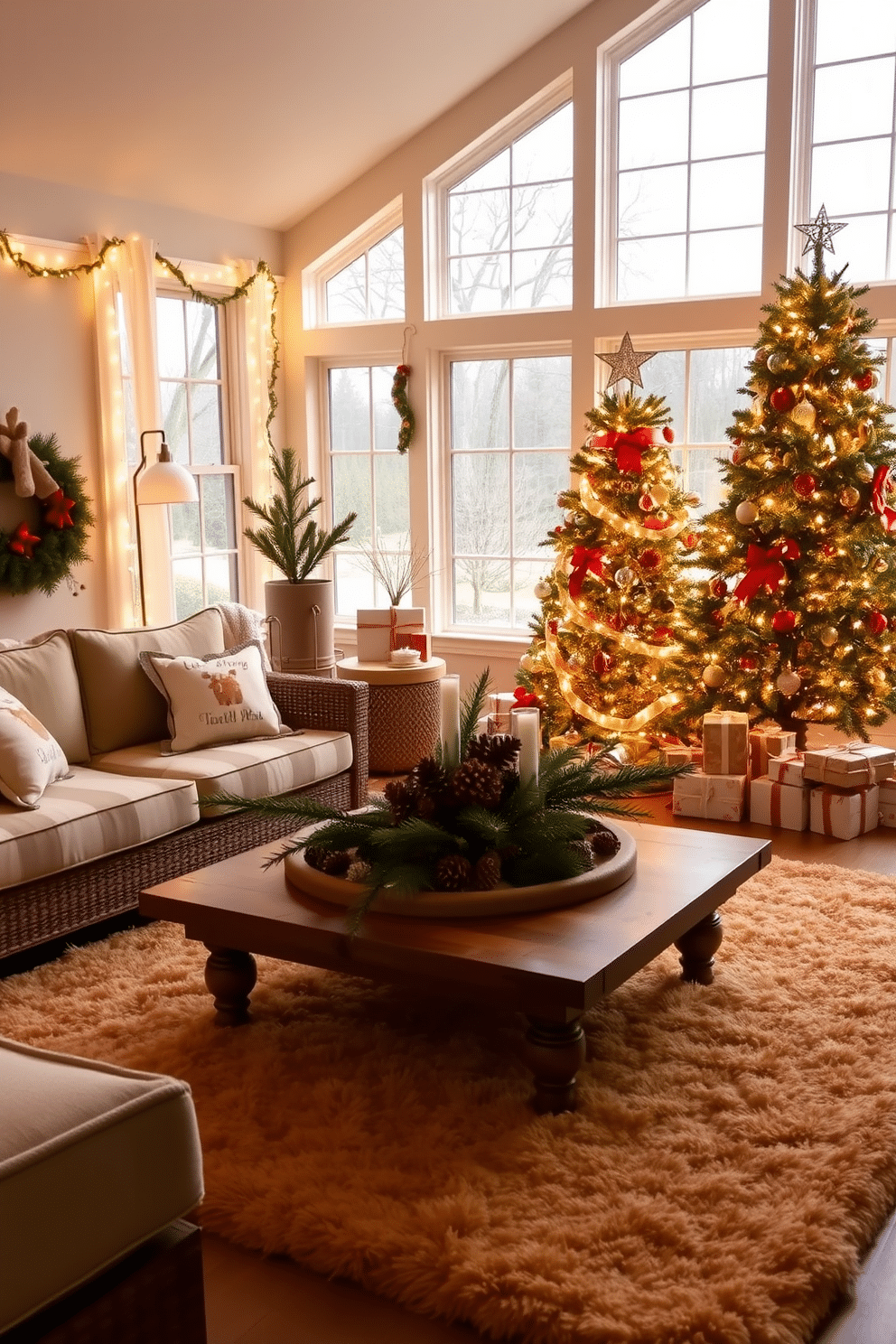 A cozy sunroom adorned with seasonal decorations for a festive touch. Soft white lights drape across the windows, illuminating a collection of pinecones and evergreen branches arranged on the coffee table. A large, plush area rug in warm tones anchors the space, while comfortable seating is adorned with throw pillows featuring holiday motifs. A beautifully decorated Christmas tree stands in the corner, surrounded by wrapped gifts and a few festive ornaments scattered throughout the room.