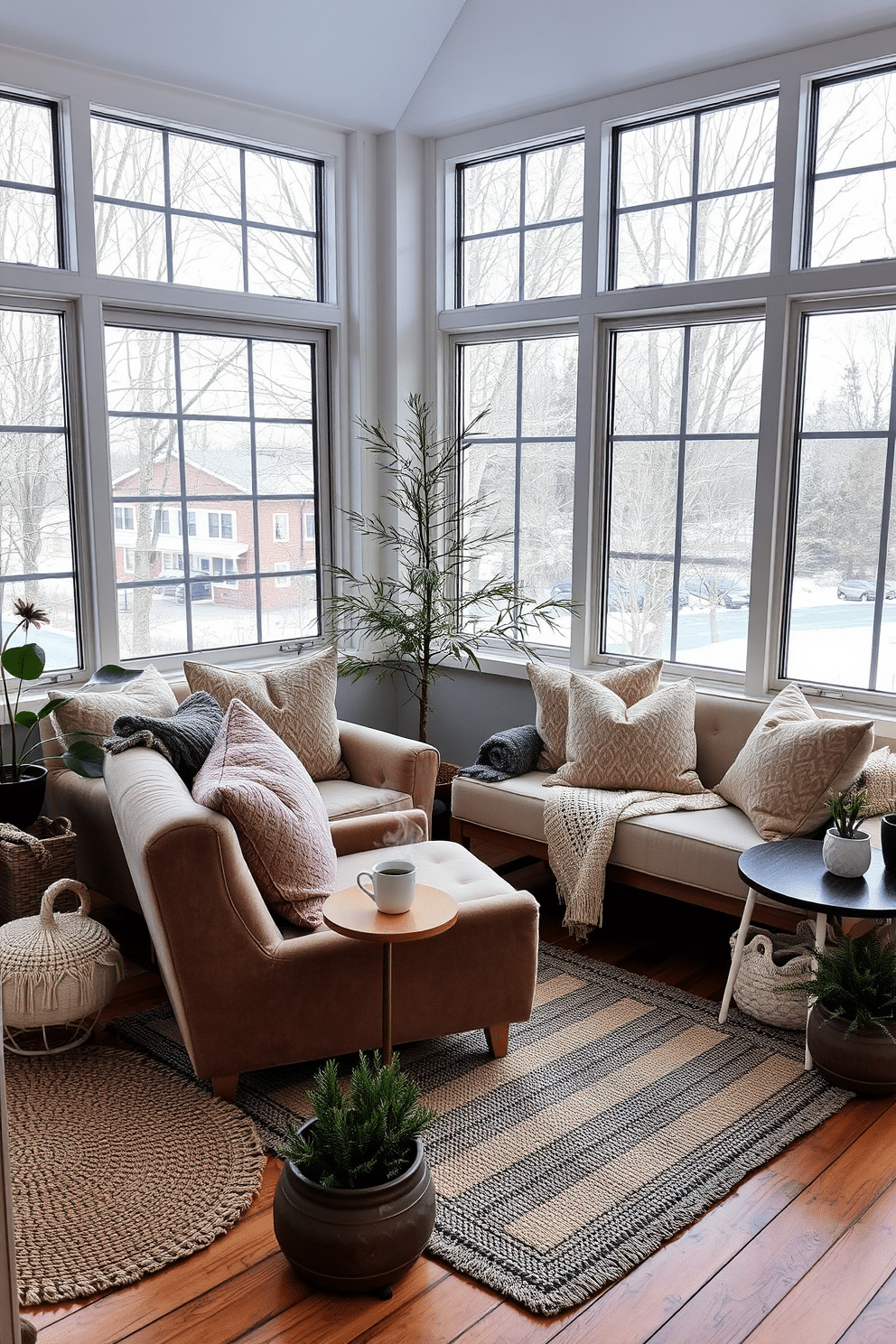 A cozy winter sunroom filled with comfortable seating featuring deep cushions in soft, warm fabrics. Large windows allow natural light to flood the space, creating an inviting atmosphere perfect for relaxation. In the corner, a plush armchair is paired with a small side table holding a steaming cup of tea. Layered rugs in neutral tones add warmth to the wooden floor, while potted plants bring a touch of nature indoors.