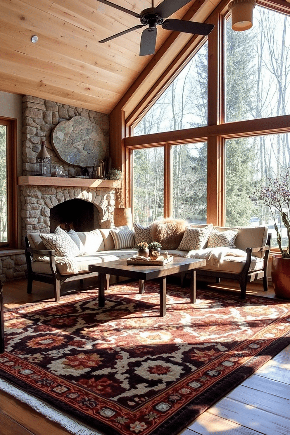 Layered rugs create a cozy atmosphere in a winter sunroom, providing both comfort and style. The top rug features a soft, plush texture while the bottom rug has a bold pattern that adds visual interest. Incorporate natural materials like wood and stone to enhance the warmth of the space. Large windows allow natural light to flood in, illuminating the layered rugs and creating a welcoming environment.