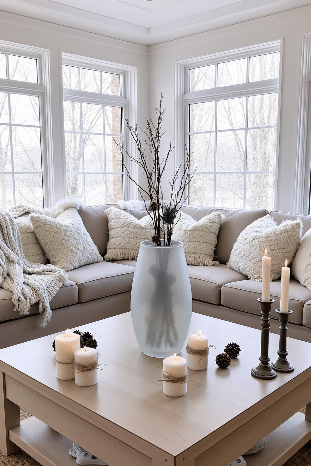 A cozy winter sunroom filled with natural light. The space features a large, plush sofa adorned with soft, textured throw blankets and pillows in shades of white and gray. On the coffee table, arrange winter-themed decorative items like a frosted glass vase filled with evergreen branches and pinecones. A set of candles in varying heights, wrapped in twine, adds warmth and ambiance to the room.