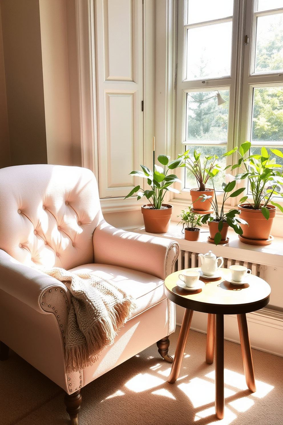 A cozy tea corner featuring a plush armchair upholstered in soft pastel fabric. A small round wooden table sits beside it, adorned with a delicate teapot and matching cups. Sunlight streams through large windows, illuminating potted plants that add a touch of greenery. A warm throw blanket drapes over the armchair, inviting relaxation and comfort.