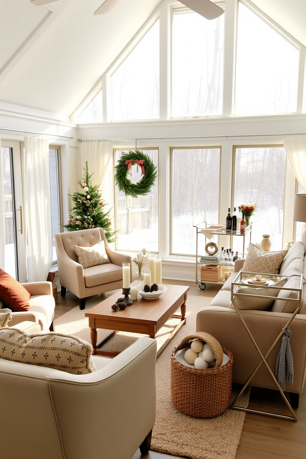 A cozy winter sunroom filled with natural light. There are large windows adorned with sheer white curtains that allow the sunlight to filter in softly. A plush seating area features a mix of comfortable armchairs and a stylish sofa, all in warm, inviting tones. A wooden coffee table sits in the center, topped with seasonal decor like pinecones and candles. In one corner, a sleek bar cart is elegantly styled with an assortment of glassware and a selection of winter-themed beverages. The floor is covered with a soft area rug that adds warmth and texture to the space.