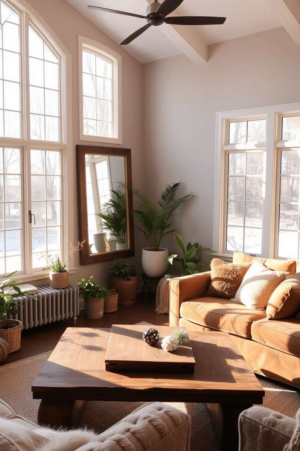 A cozy winter sunroom filled with natural light. Large windows frame the space, allowing sunlight to pour in and illuminate the room. Soft, plush seating arrangements in neutral tones invite relaxation. A large mirror on one wall reflects the sunlight, enhancing the warmth and brightness of the area. Decorative plants in various sizes add a touch of greenery. A rustic wooden coffee table sits at the center, adorned with a few seasonal decorations.