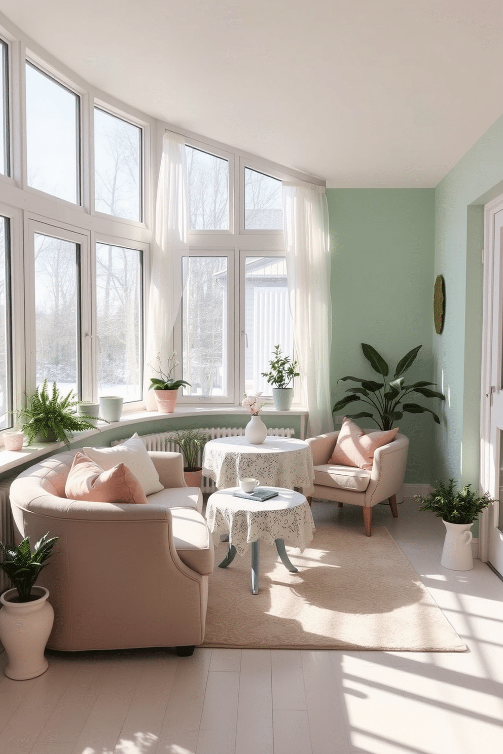 A cozy winter sunroom filled with natural light. The walls are painted in soft pastel shades of mint green and blush pink, creating a warm and inviting atmosphere. Plush seating is arranged around a small round table, adorned with a delicate lace tablecloth. Large windows are dressed with sheer white curtains, allowing the winter sun to filter in gently. Potted plants in pastel ceramic pots add a touch of greenery and life to the space. A soft area rug in a light pastel hue anchors the seating area, inviting relaxation and comfort.