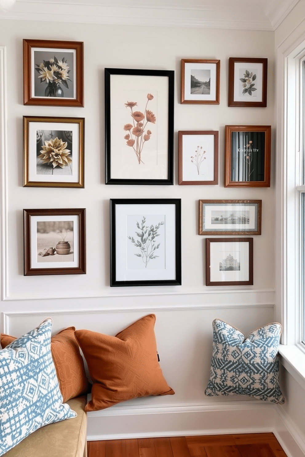 Create a gallery wall featuring an eclectic mix of framed photographs in various sizes. The wall should be adorned with artwork that reflects the warmth and coziness of a winter sunroom. Incorporate natural elements such as wooden frames and botanical prints to enhance the seasonal theme. Soft lighting should illuminate the wall, creating a welcoming atmosphere that invites relaxation.