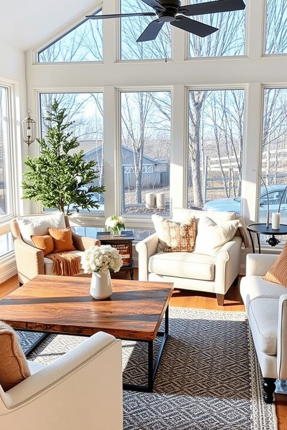 Create a cozy winter sunroom that features a mix of table heights to enhance the inviting atmosphere. Incorporate a low coffee table made of reclaimed wood alongside a tall bistro table with a sleek metal finish. Surround the tables with a variety of seating options, including plush armchairs and a stylish loveseat. Add large windows that allow natural light to flood the space, complemented by soft, layered textiles in warm tones.